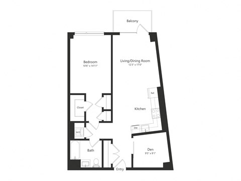 Floor plan for 1 bed, 1 bath, 887 sqft